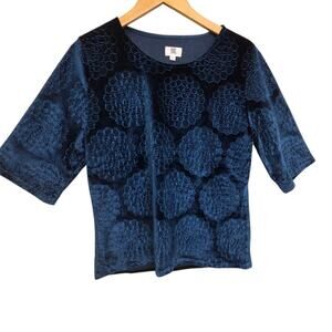 Yal Blue Jewel Velvet Top Blouse Pull Over 3/4 Sleeve‎ SZ L Whimsigoth Y2K Boho
